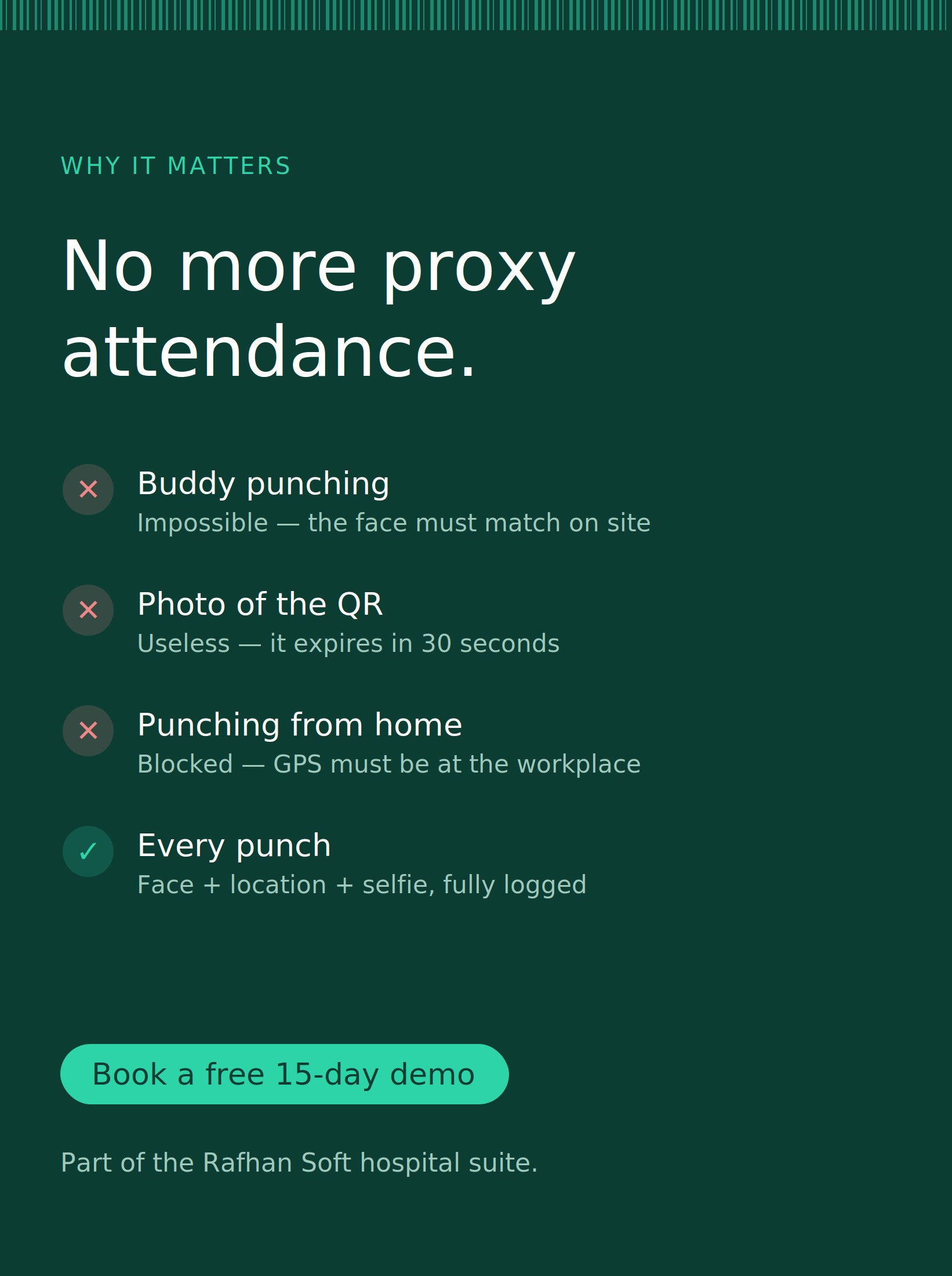 No more proxy attendance — buddy punching, reused QR photos and off-site punches all blocked